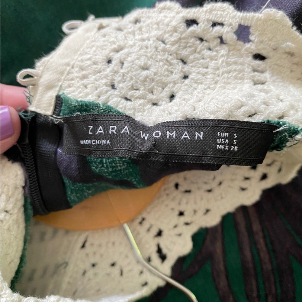 Zara Green Linen Palm Leaf Crochet Accent Midi Dress Small - Picture 12 of 16